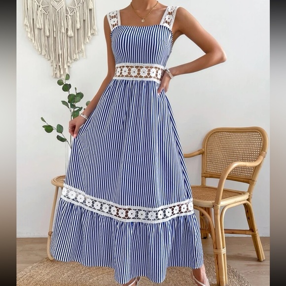 Boho Stripes Floral Sheer Mesh Lace Tiered Cami Maxi Dress - Picture 6 of 6